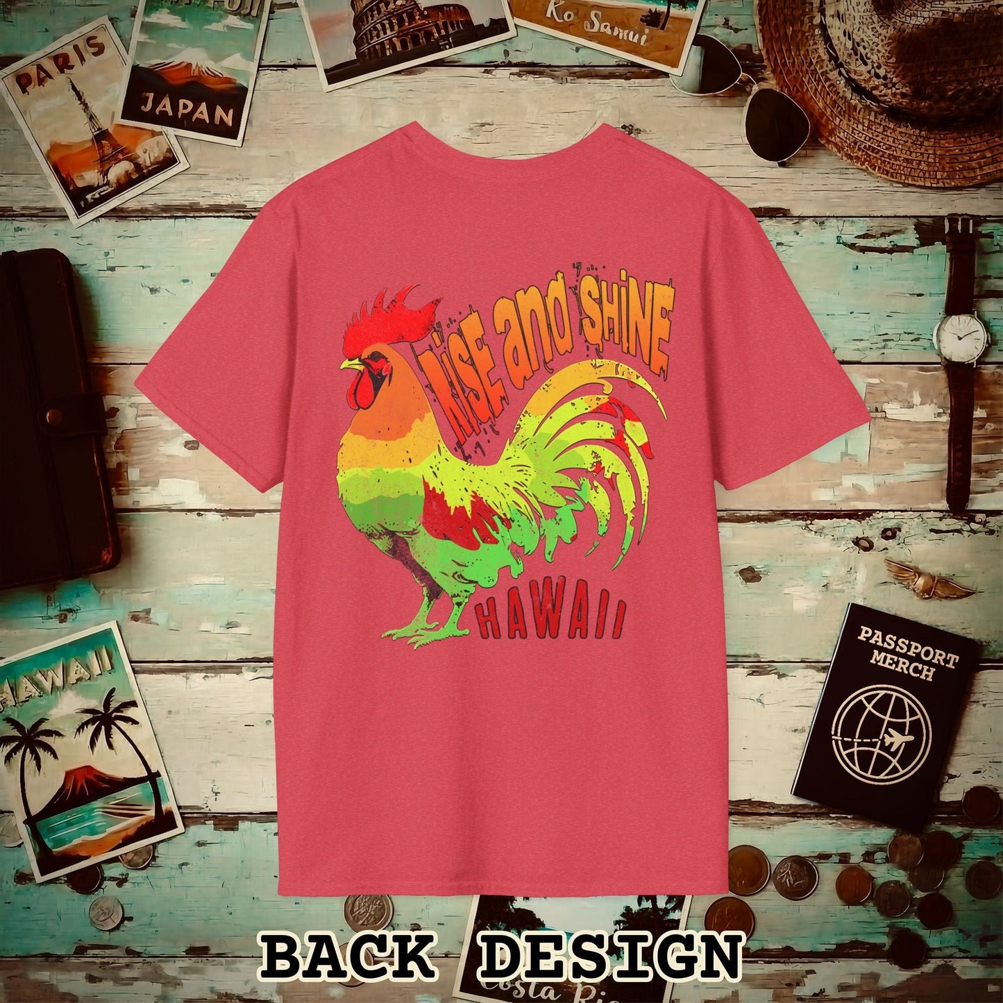 Rise and Shine Rooster, Hawaii, Back Print T-Shirt Heather Red / S