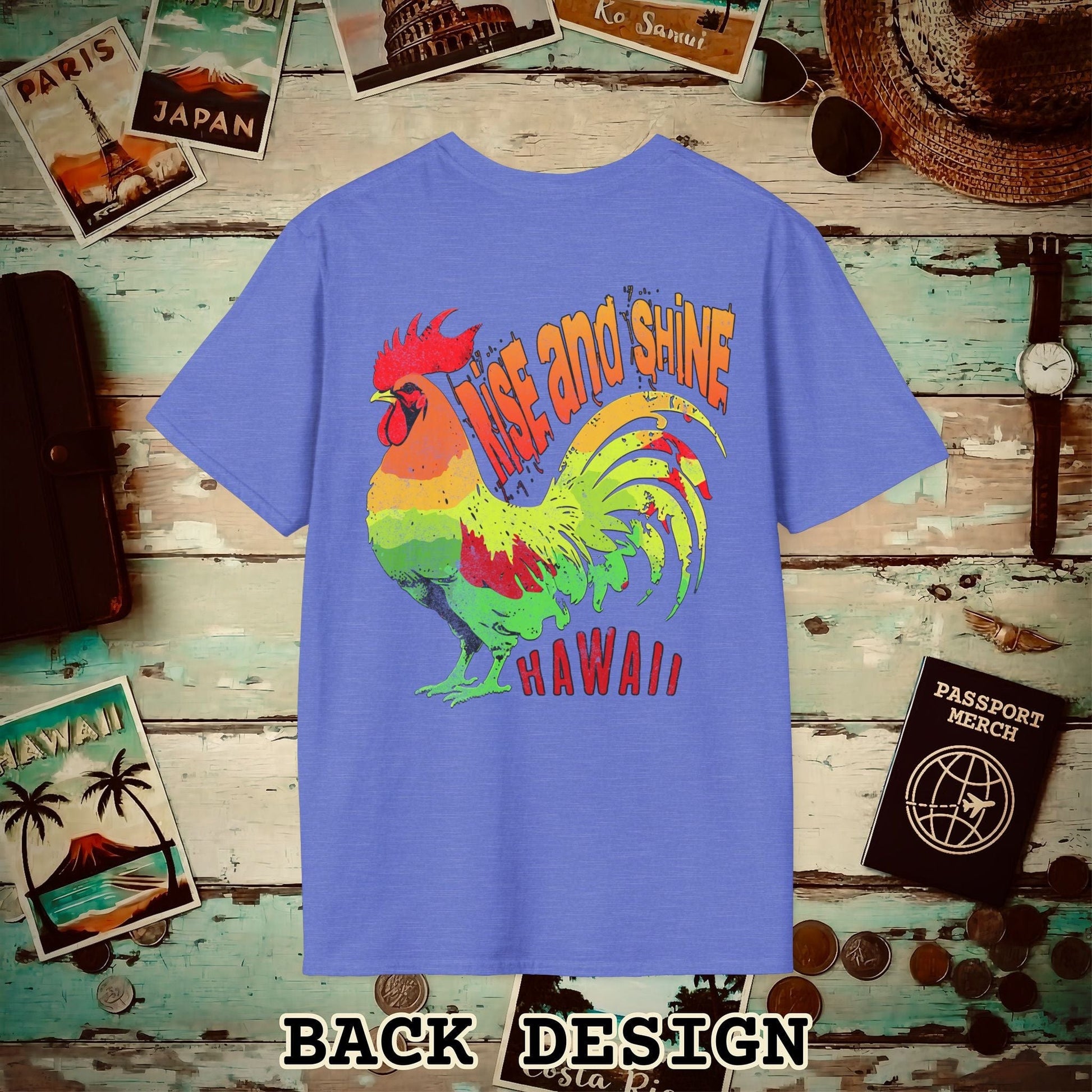 Rise and Shine Rooster, Hawaii, Back Print T-Shirt Heather Royal / S