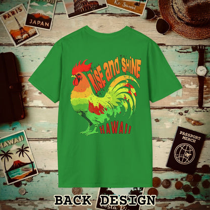 Rise and Shine Rooster, Hawaii, Back Print T-Shirt Irish Green / S