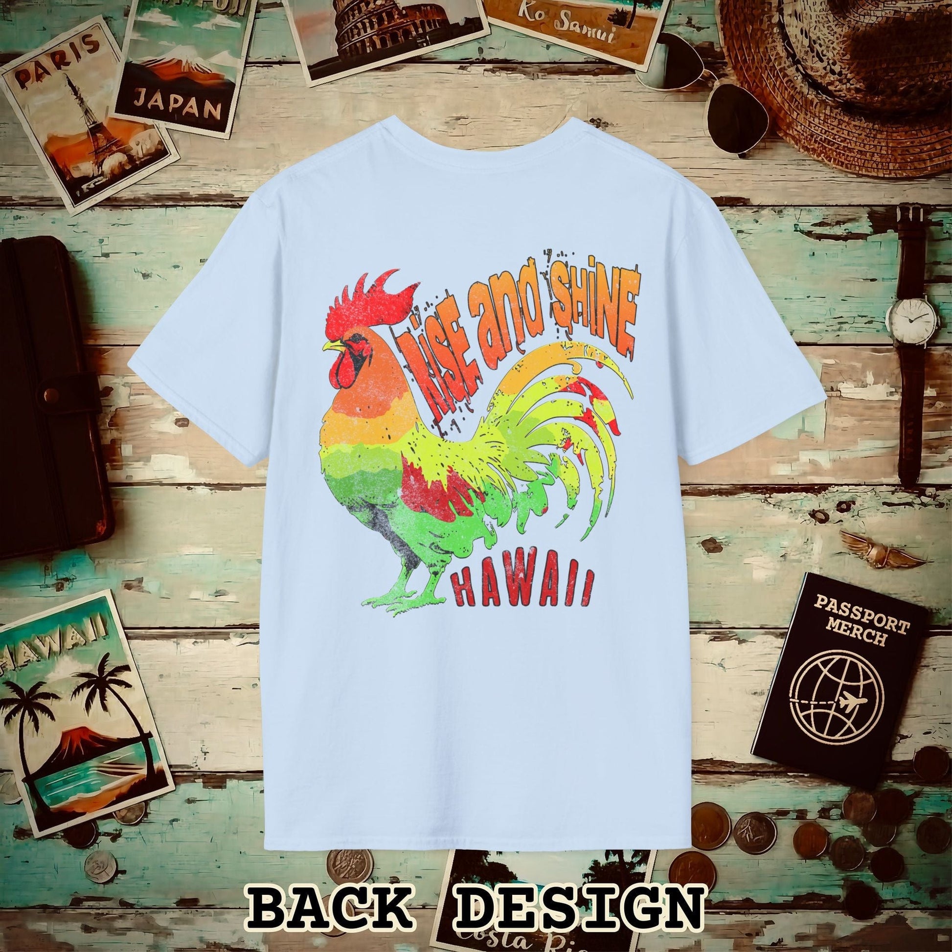 Rise and Shine Rooster, Hawaii, Back Print T-Shirt Light Blue / S