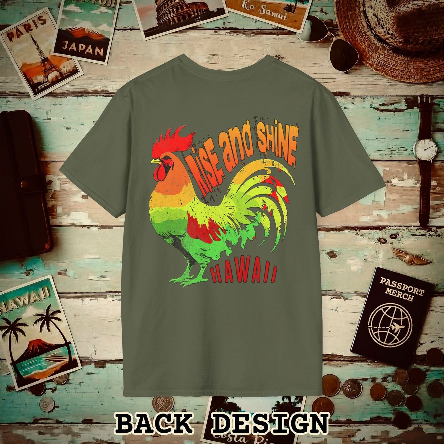 Rise and Shine Rooster, Hawaii, Back Print T-Shirt Military Green / S