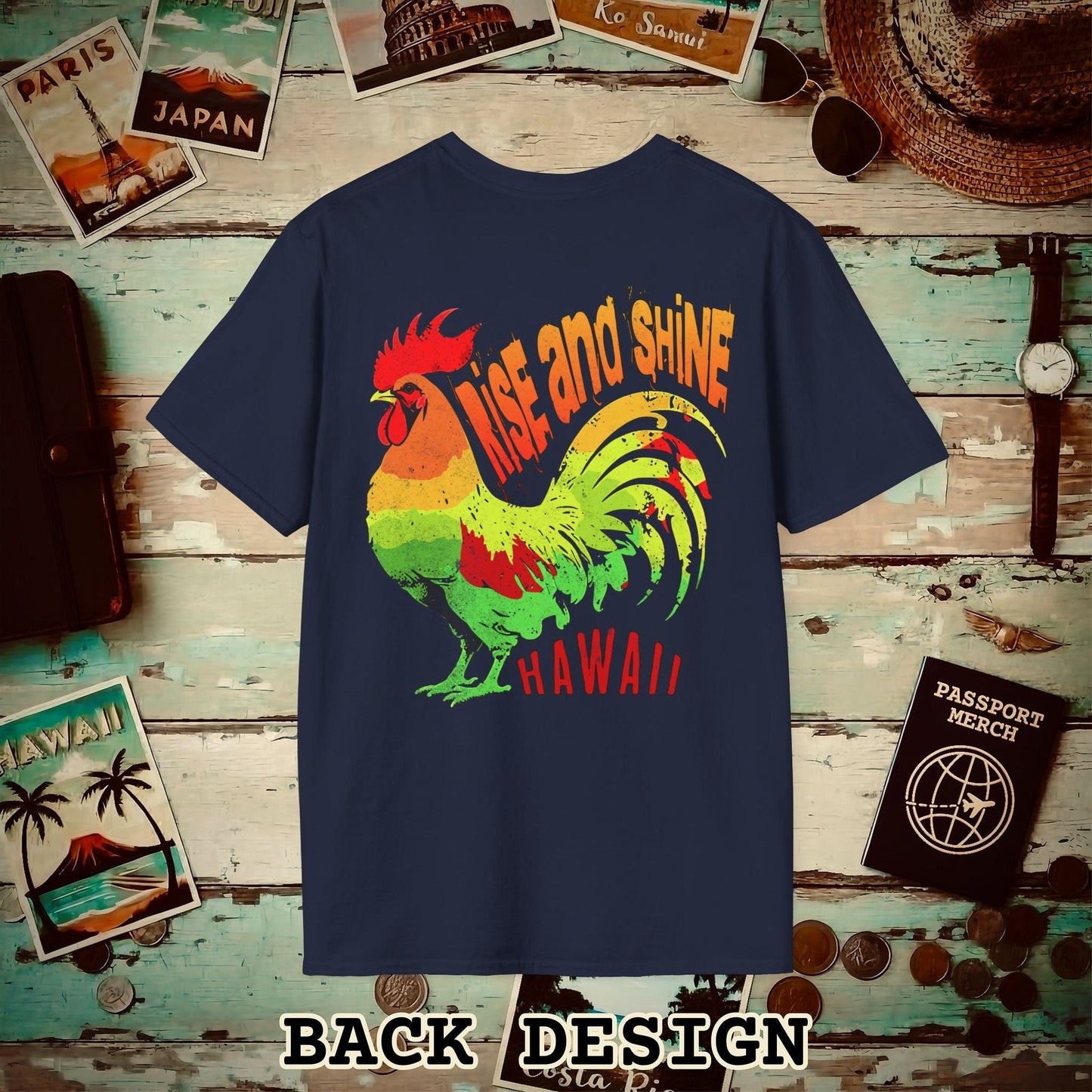 Rise and Shine Rooster, Hawaii, Back Print T-Shirt Navy / S
