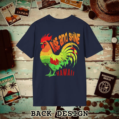 Rise and Shine Rooster, Hawaii, Back Print T-Shirt Navy / S