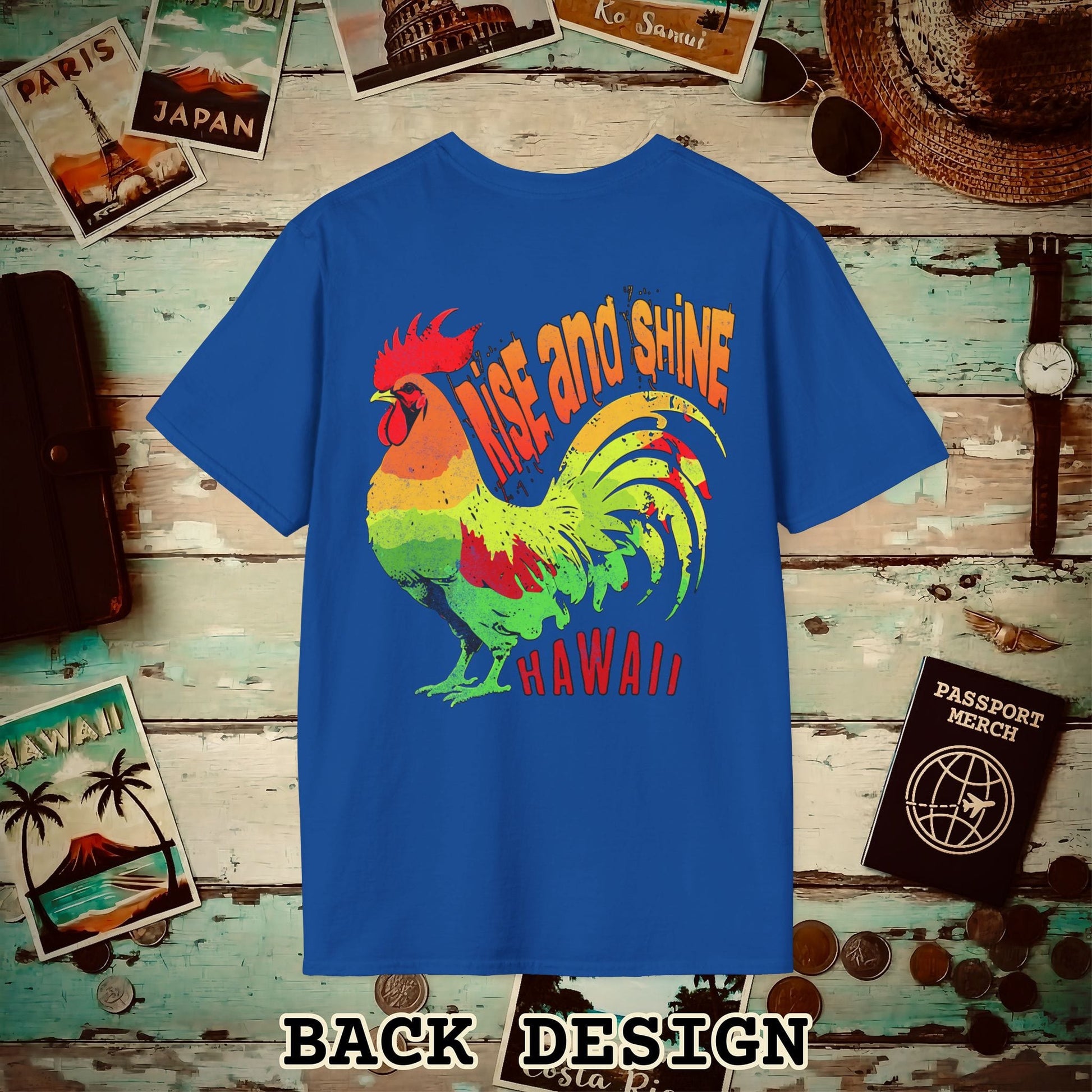 Rise and Shine Rooster, Hawaii, Back Print T-Shirt Royal / S