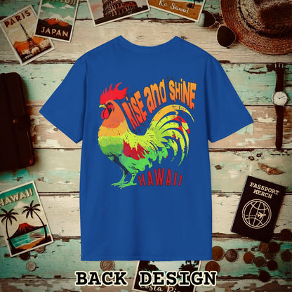 Rise and Shine Rooster, Hawaii, Back Print T-Shirt Royal / S