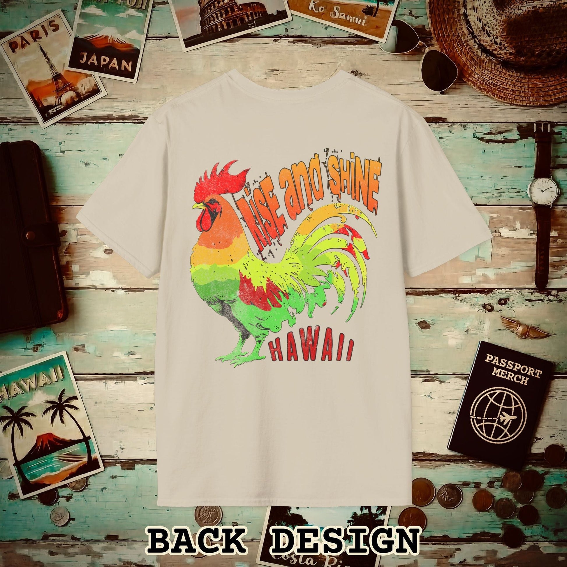 Rise and Shine Rooster, Hawaii, Back Print T-Shirt Sand / S