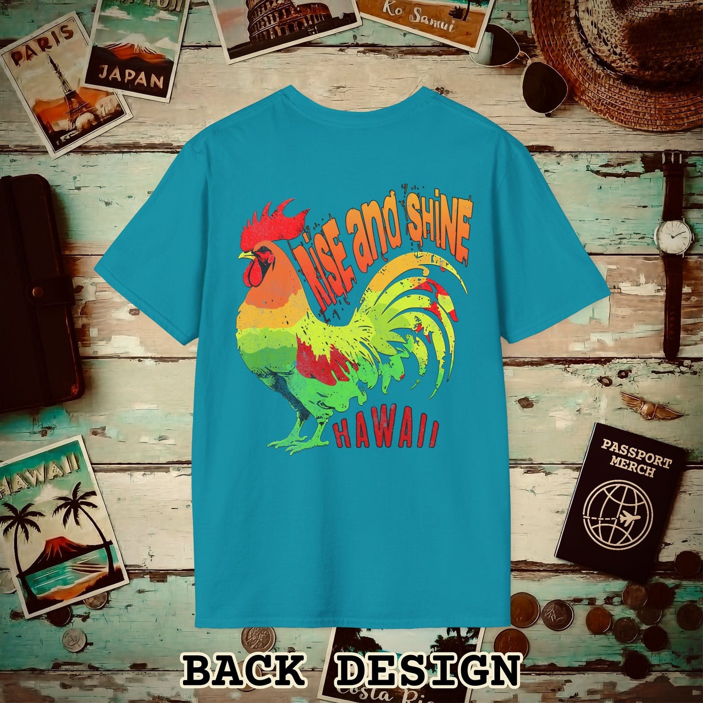 Rise and Shine Rooster, Hawaii, Back Print T-Shirt Tropical Blue / S