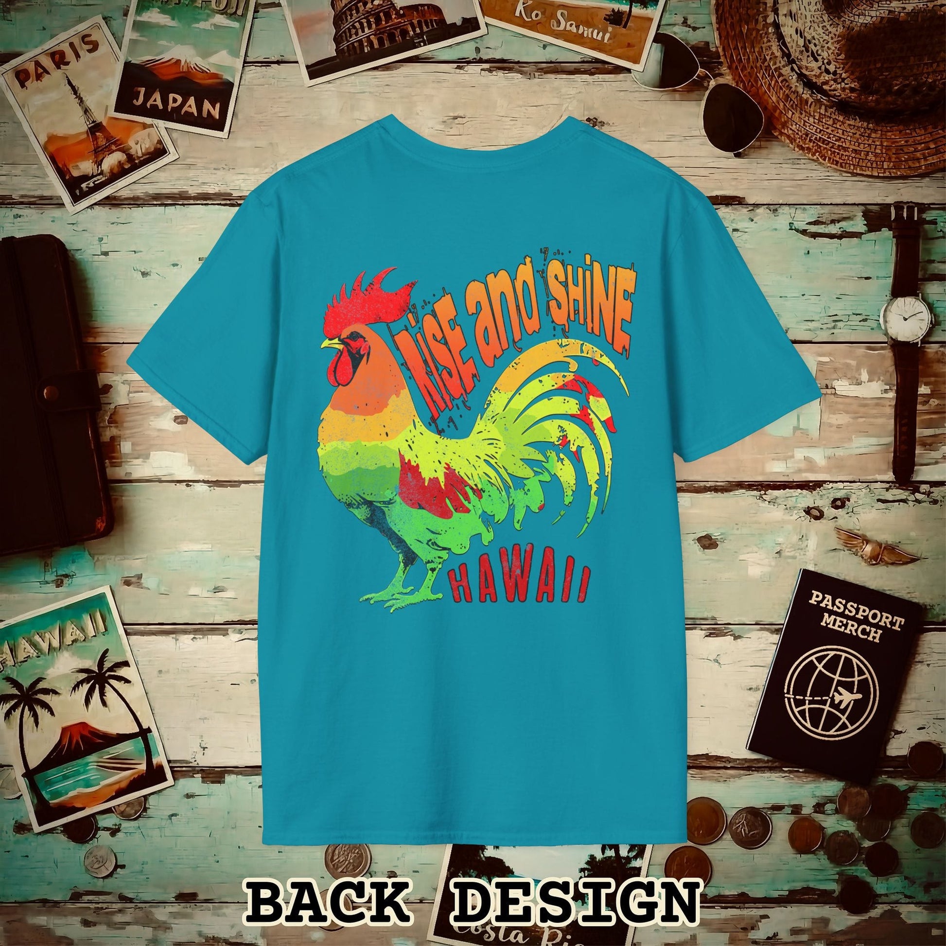 Rise and Shine Rooster, Hawaii, Back Print T-Shirt Tropical Blue / S