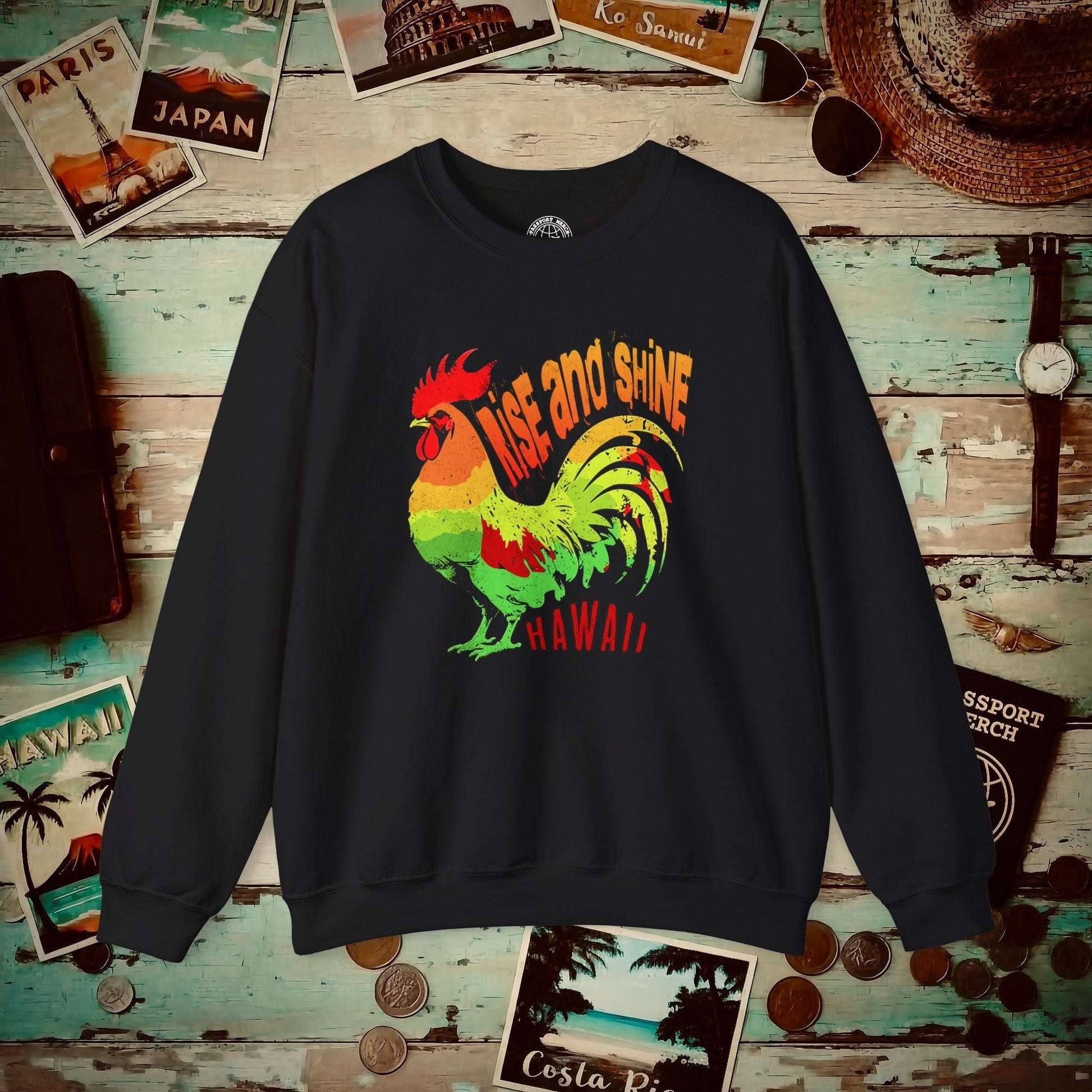 Rise and Shine Rooster, Hawaii Crewneck Black / S