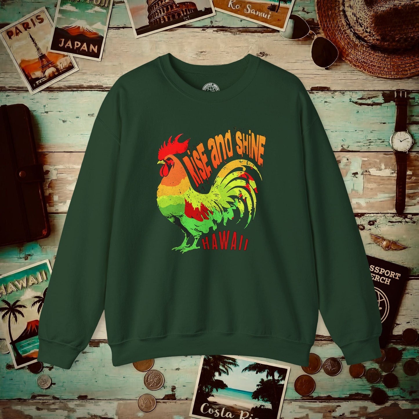 Rise and Shine Rooster, Hawaii Crewneck Forest Green / S