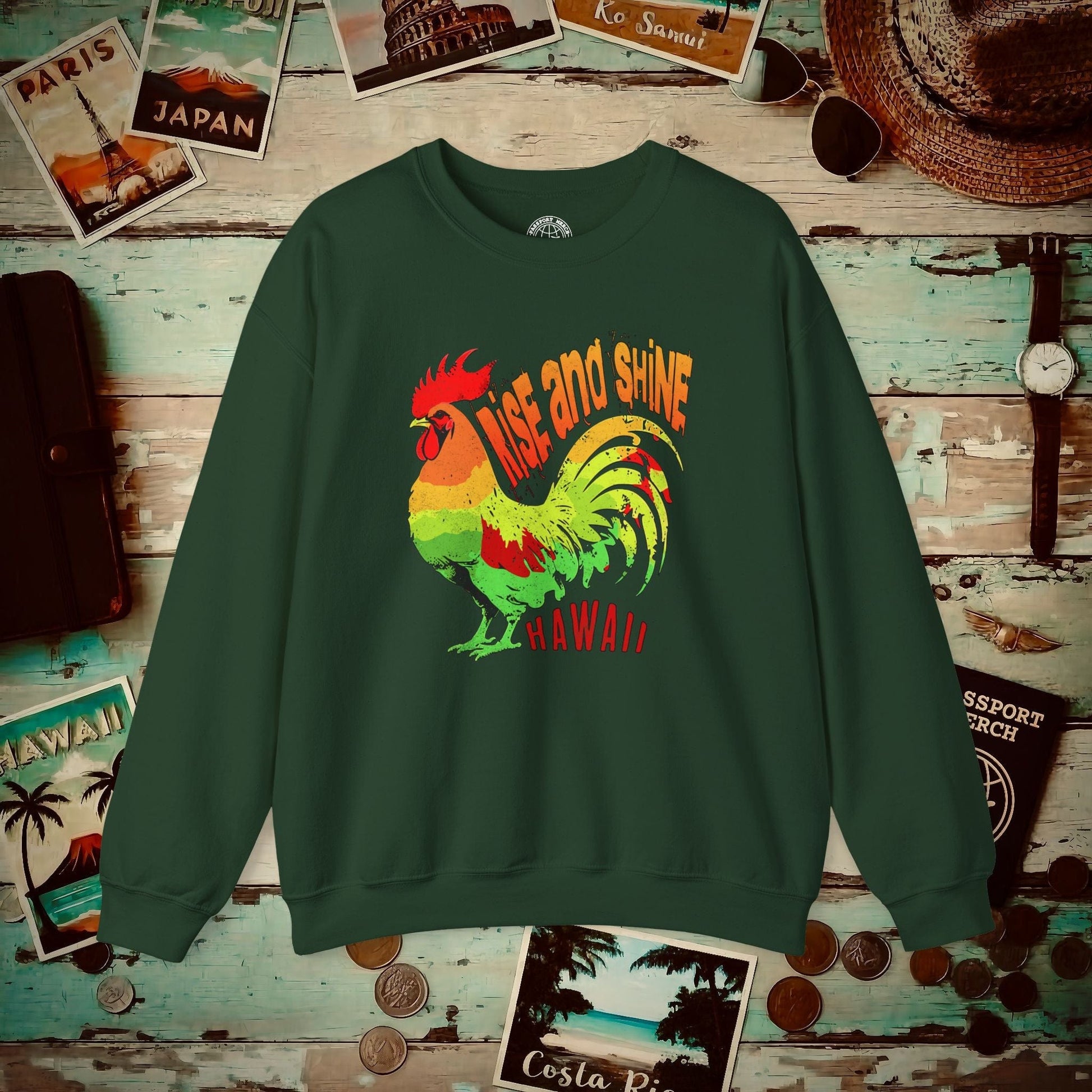 Rise and Shine Rooster, Hawaii Crewneck Forest Green / S