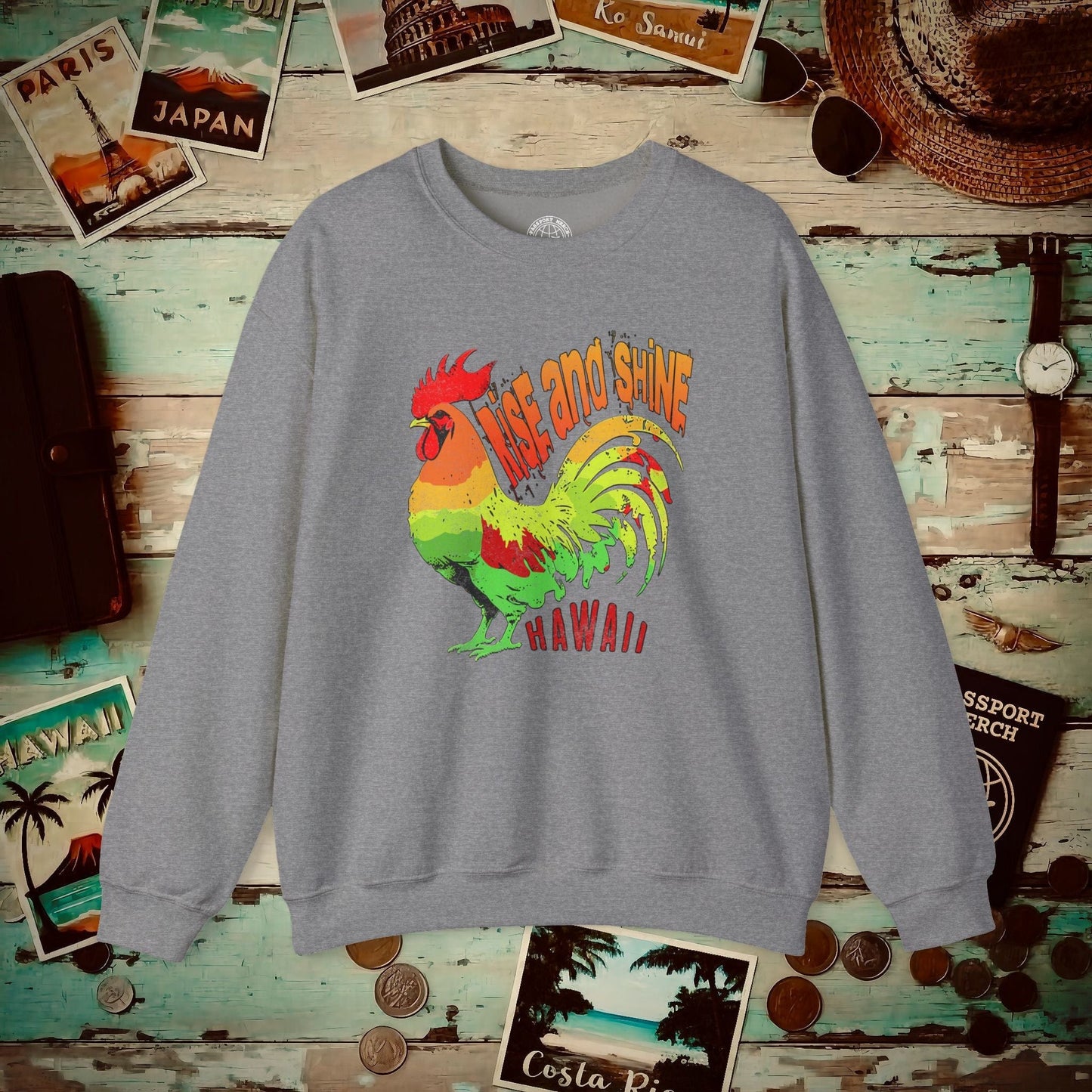 Rise and Shine Rooster, Hawaii Crewneck Graphite Heather / S