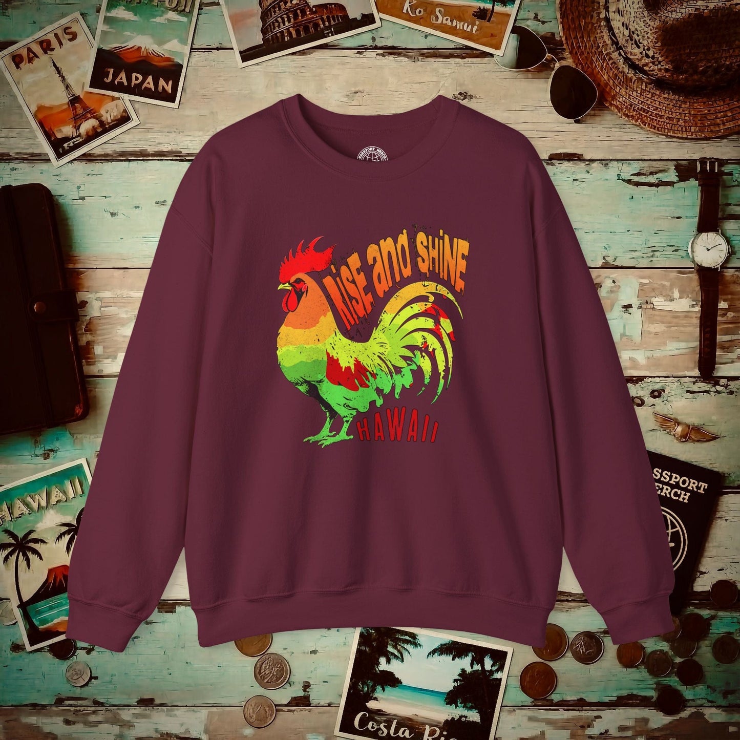 Rise and Shine Rooster, Hawaii Crewneck Maroon / S