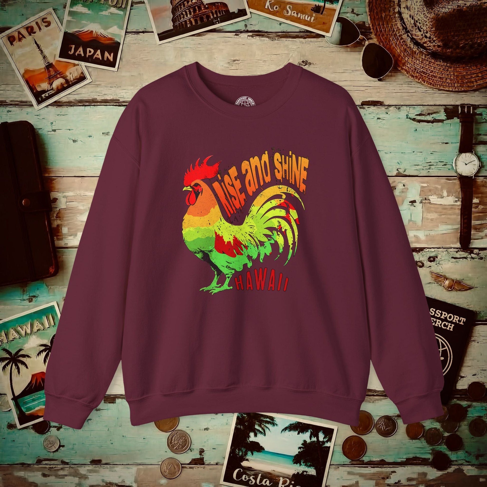 Rise and Shine Rooster, Hawaii Crewneck Maroon / S