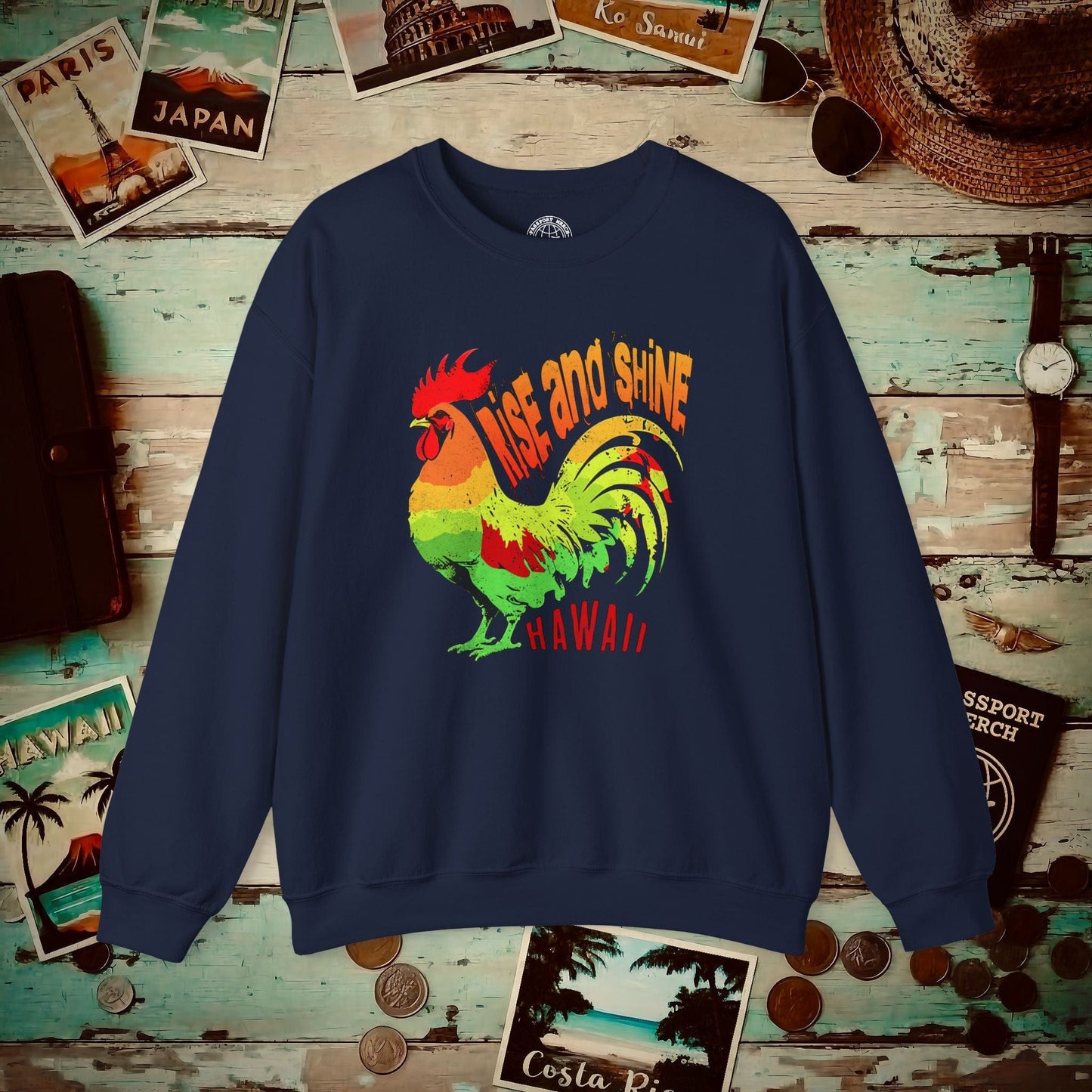 Rise and Shine Rooster, Hawaii Crewneck Navy / S