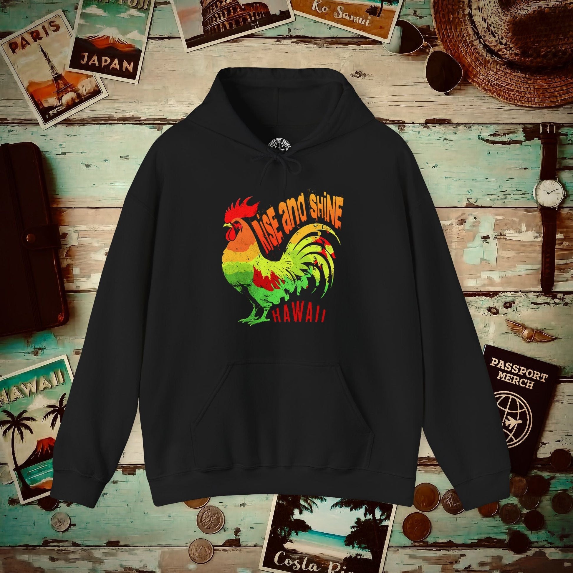 Rise and Shine Rooster, Hawaii Hoodie Black / S
