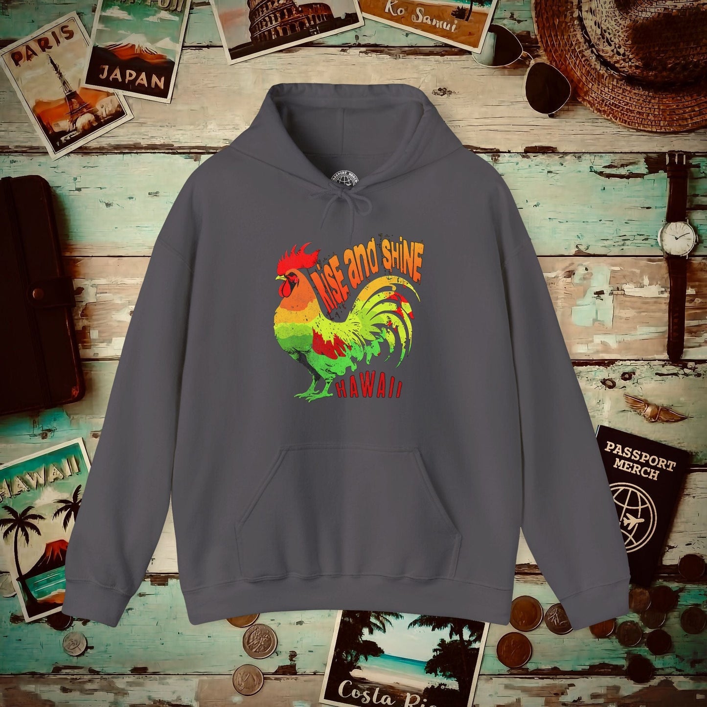Rise and Shine Rooster, Hawaii Hoodie Charcoal / S