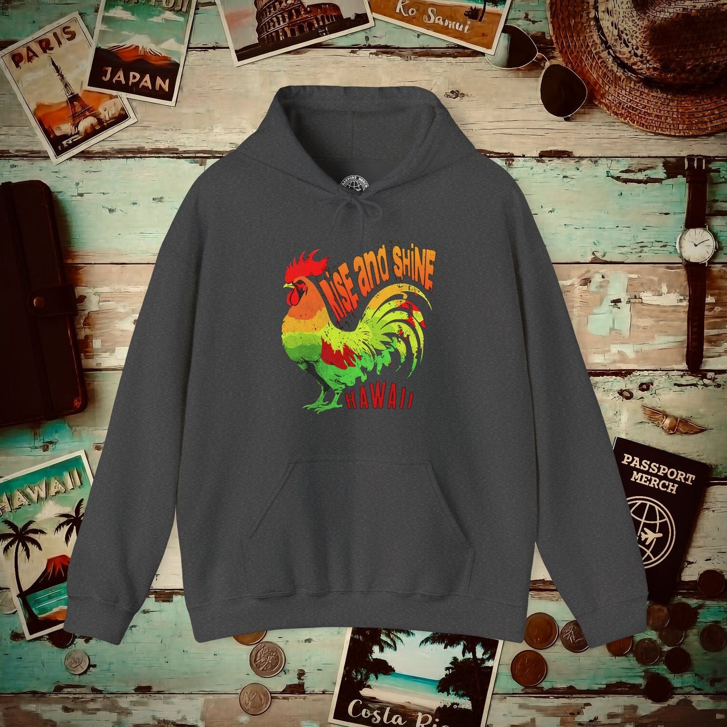 Rise and Shine Rooster, Hawaii Hoodie Dark Heather / S