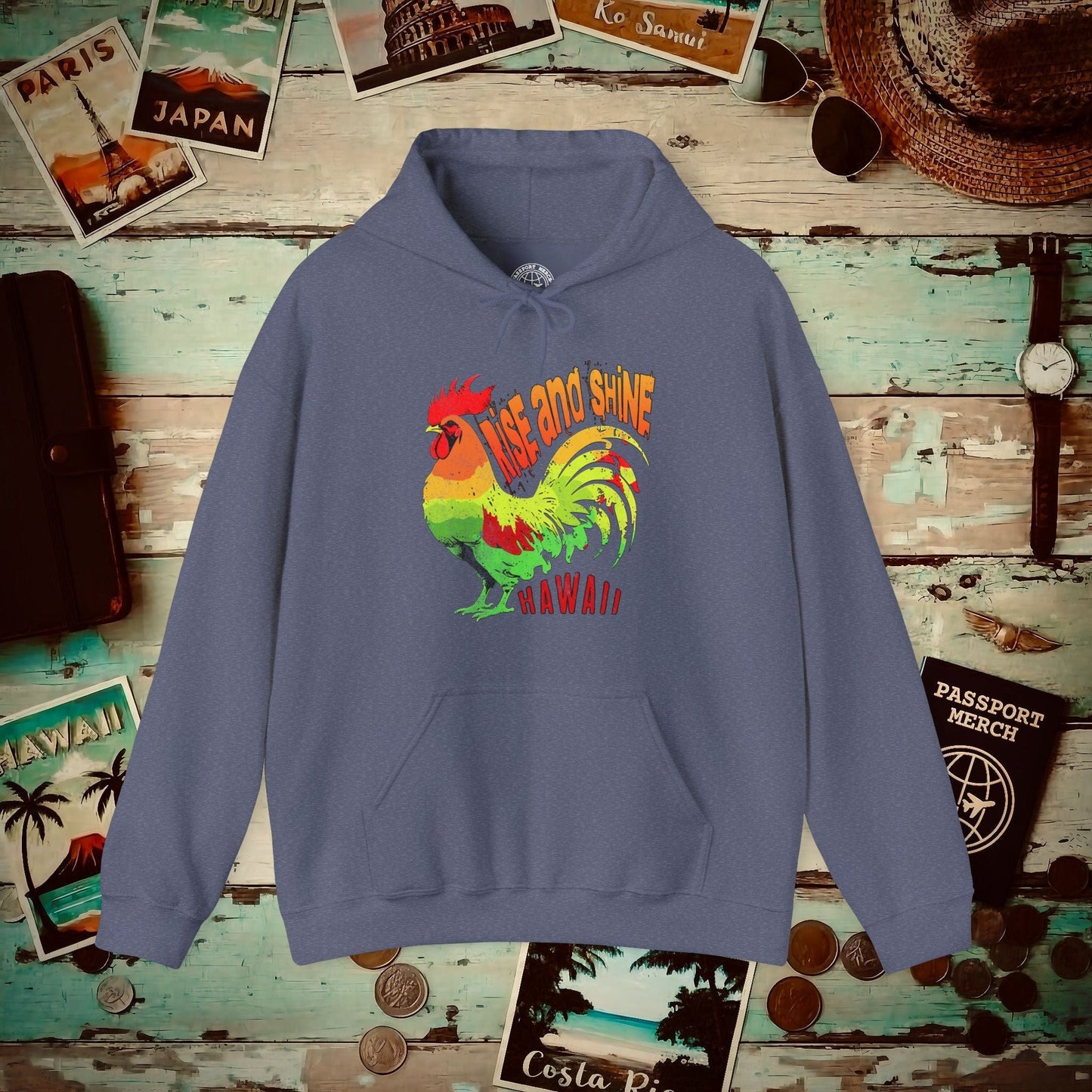 Rise and Shine Rooster, Hawaii Hoodie Heather Navy / S
