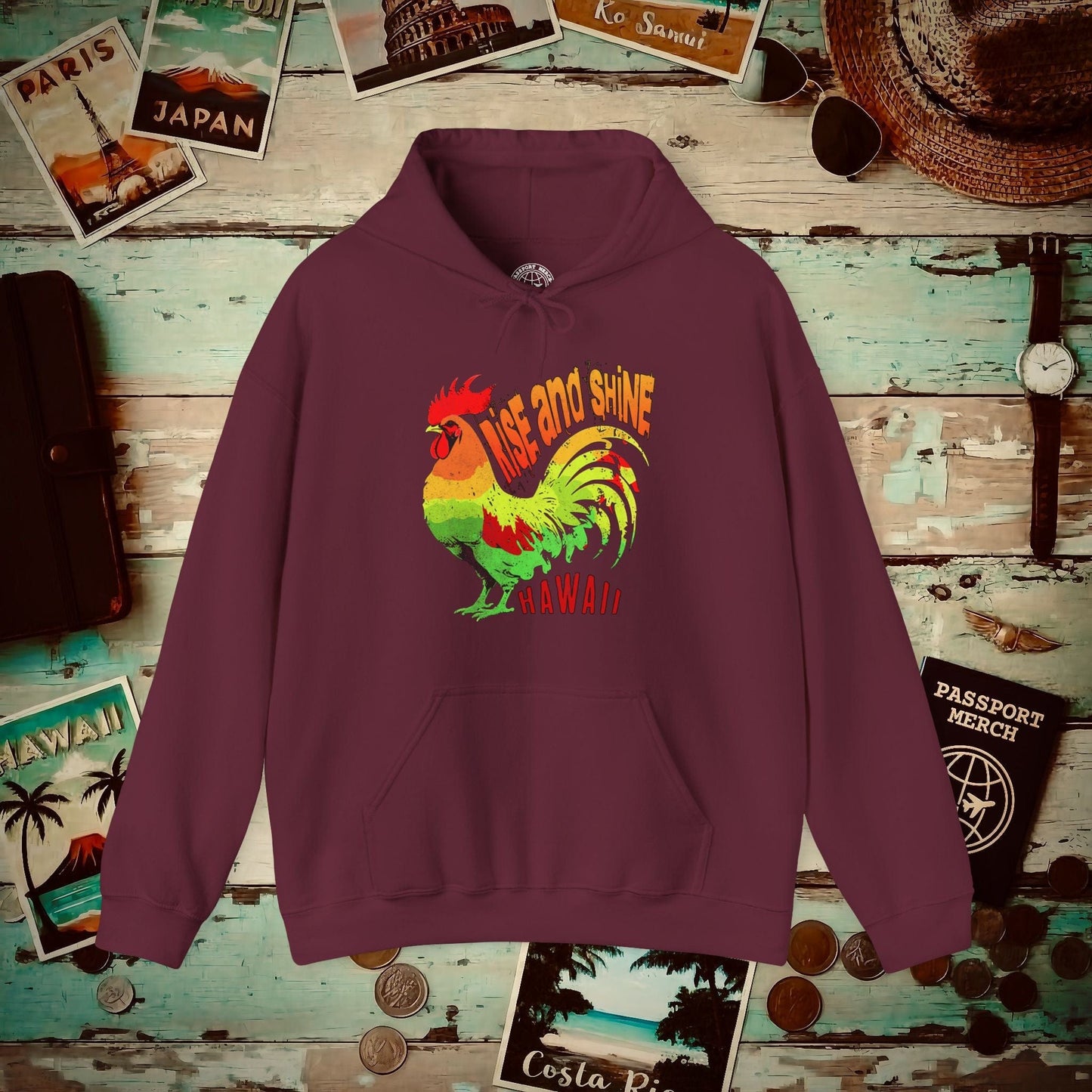 Rise and Shine Rooster, Hawaii Hoodie Maroon / S