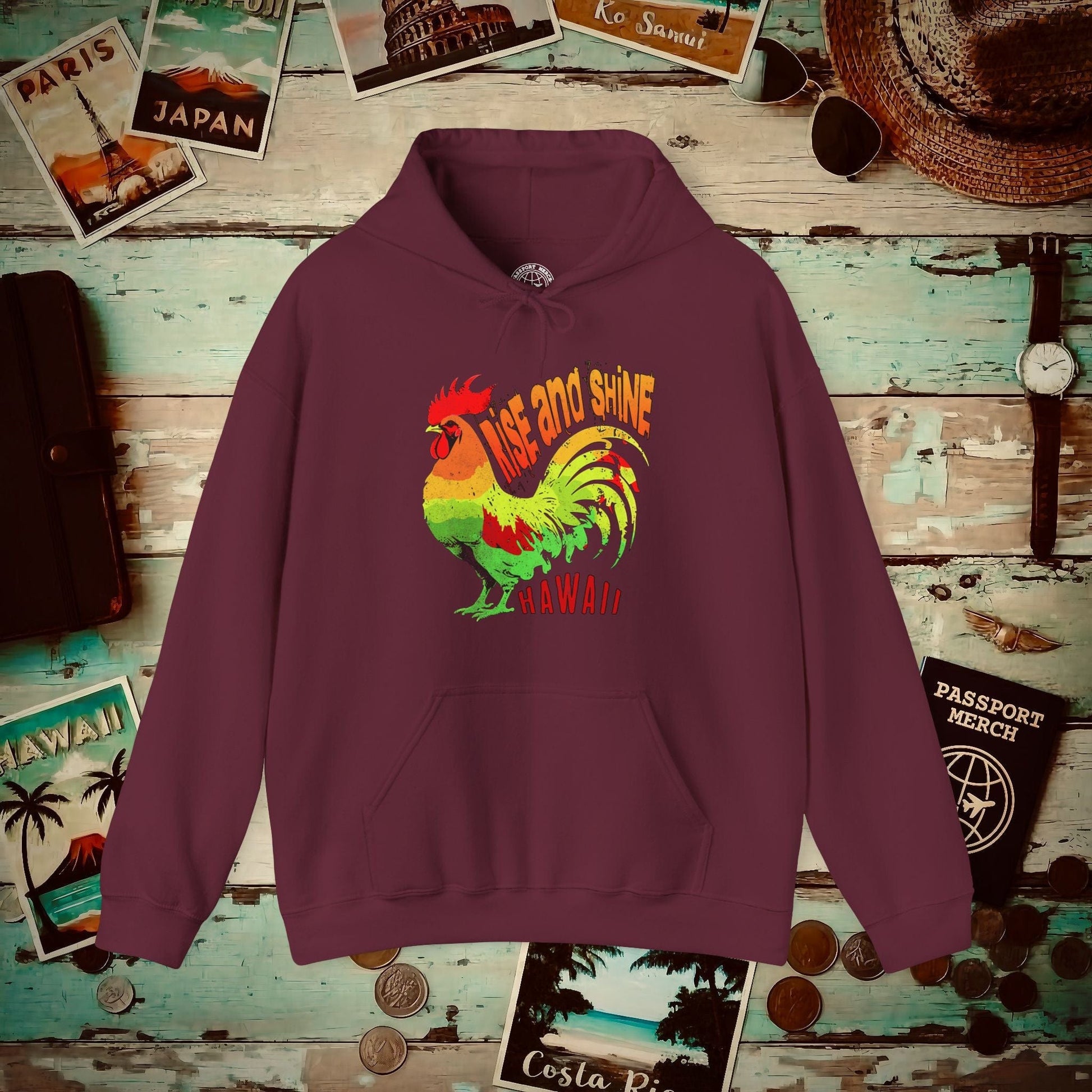 Rise and Shine Rooster, Hawaii Hoodie Maroon / S