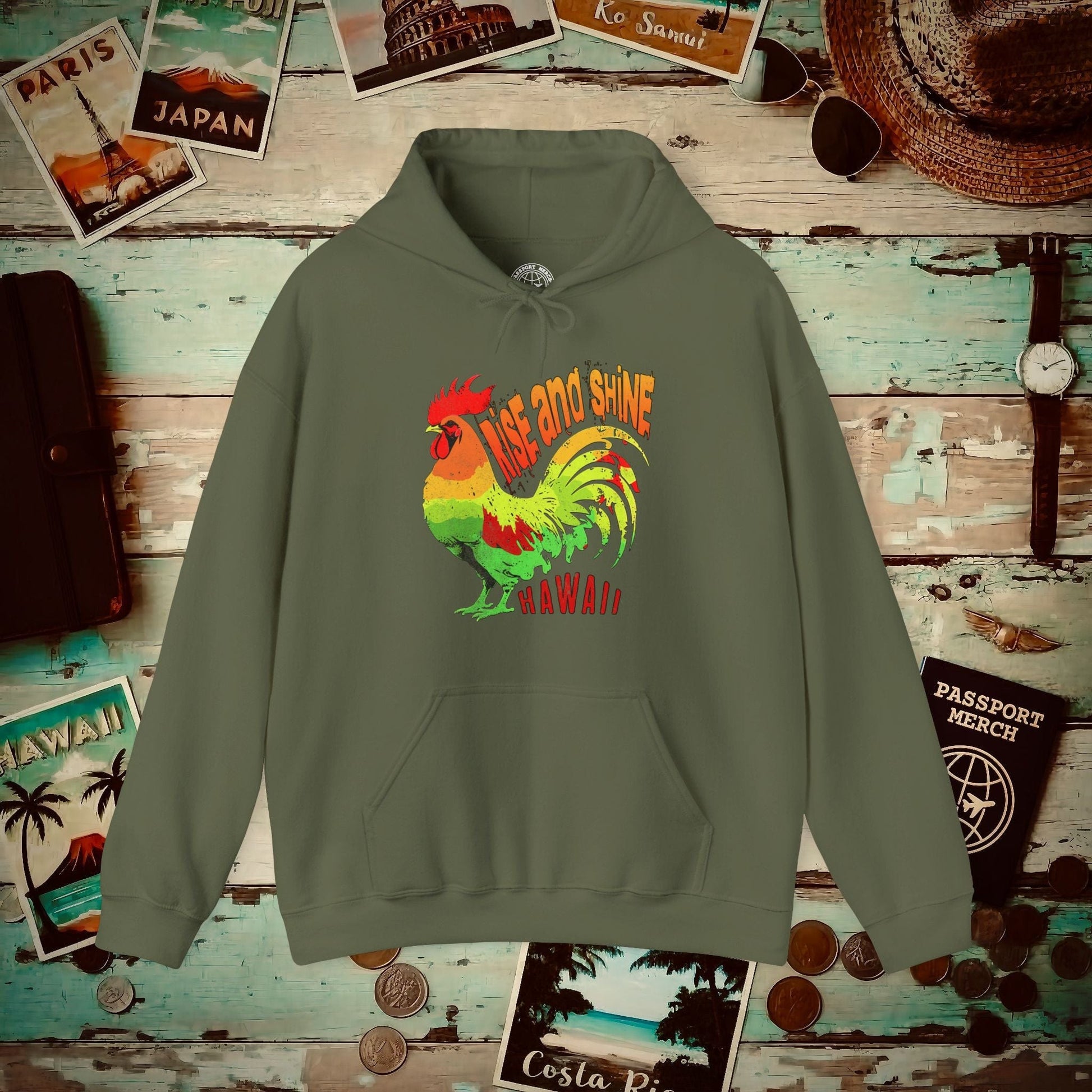 Rise and Shine Rooster, Hawaii Hoodie Military Green / S