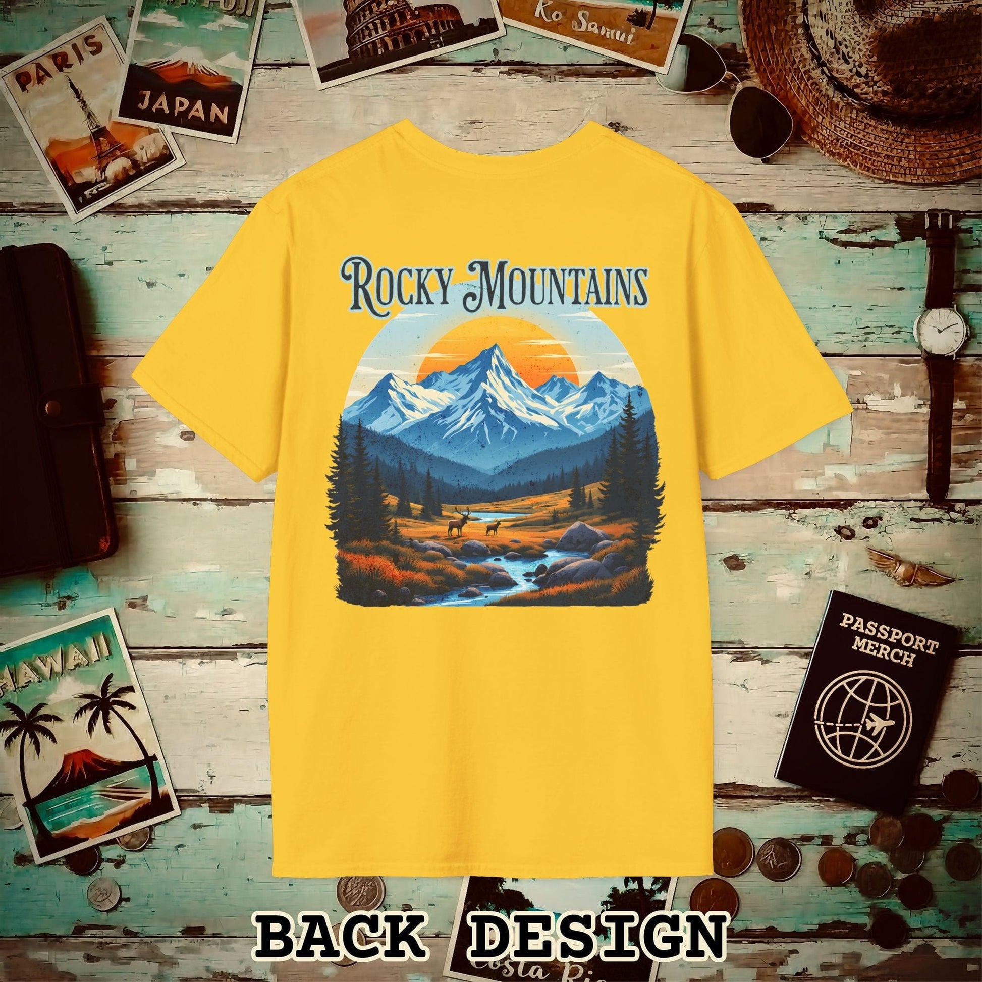 Rocky Mountains, Colorado, Back Print T-Shirt Daisy / S