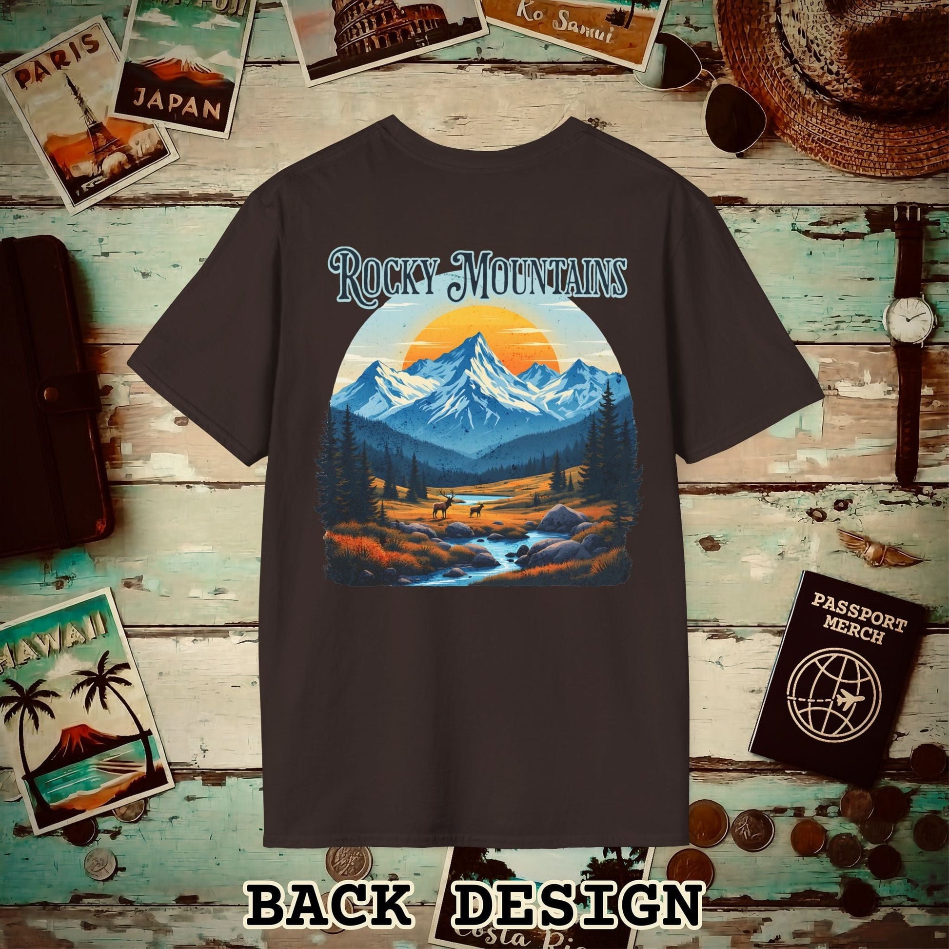 Rocky Mountains, Colorado, Back Print T-Shirt Dark Chocolate / S