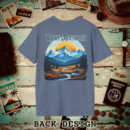 Rocky Mountains, Colorado, Back Print T-Shirt Heather Indigo / S