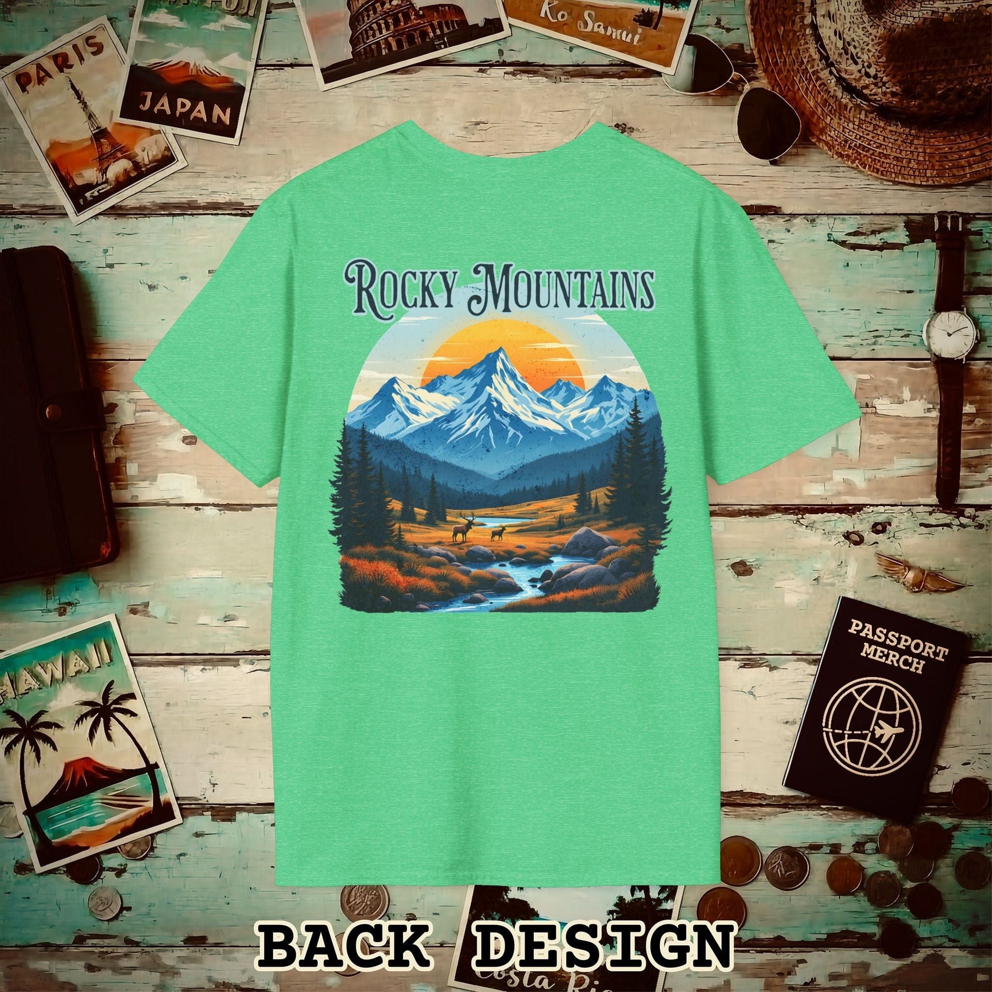 Rocky Mountains, Colorado, Back Print T-Shirt Heather Irish Green / S