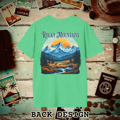 Rocky Mountains, Colorado, Back Print T-Shirt Heather Irish Green / S