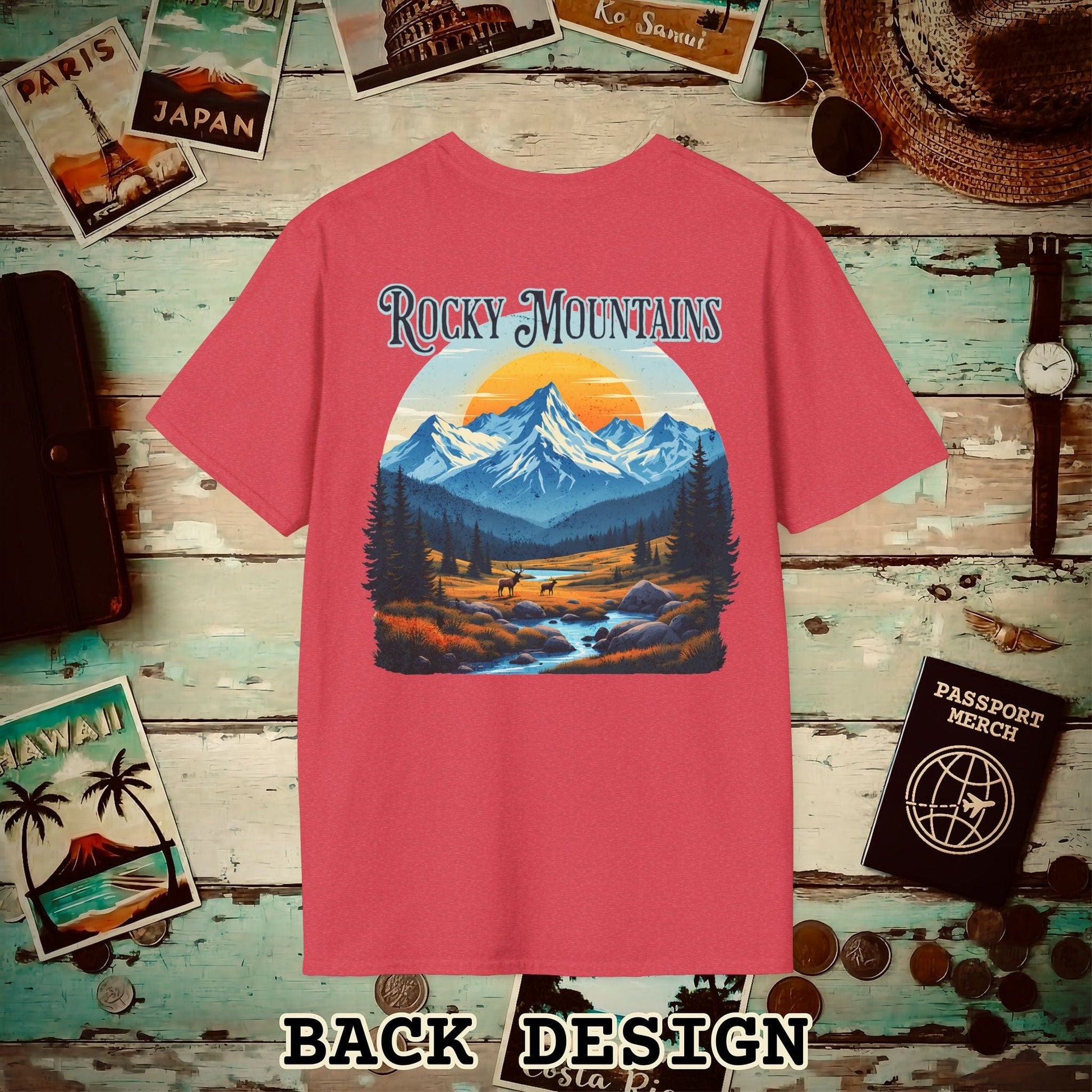 Rocky Mountains, Colorado, Back Print T-Shirt Heather Red / S