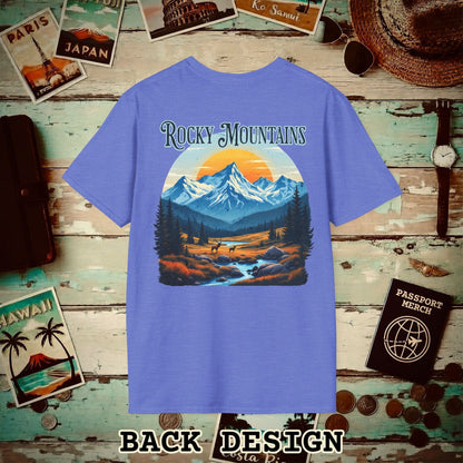Rocky Mountains, Colorado, Back Print T-Shirt Heather Royal / S