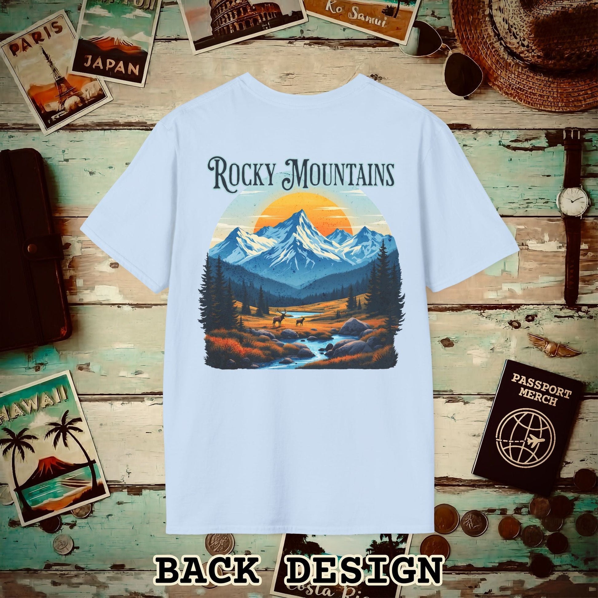 Rocky Mountains, Colorado, Back Print T-Shirt Light Blue / S