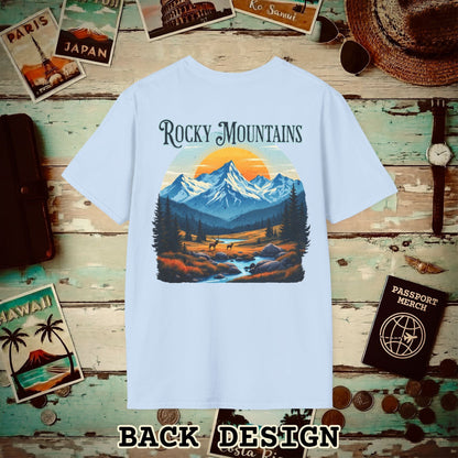Rocky Mountains, Colorado, Back Print T-Shirt Light Blue / S
