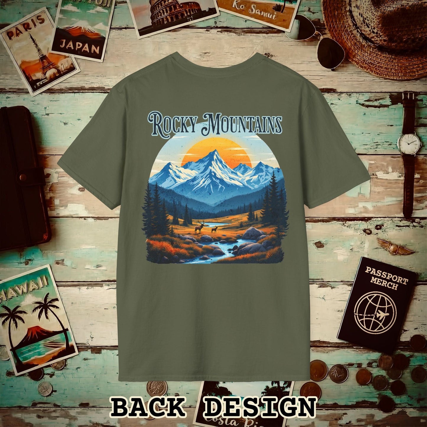 Rocky Mountains, Colorado, Back Print T-Shirt Military Green / S