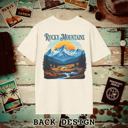 Rocky Mountains, Colorado, Back Print T-Shirt Natural / S