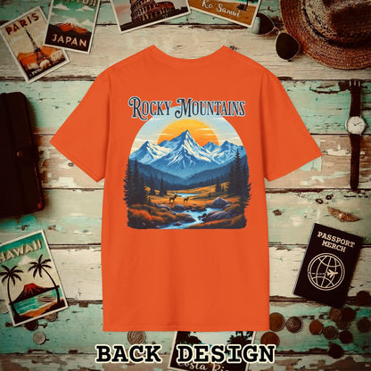 Rocky Mountains, Colorado, Back Print T-Shirt Orange / S