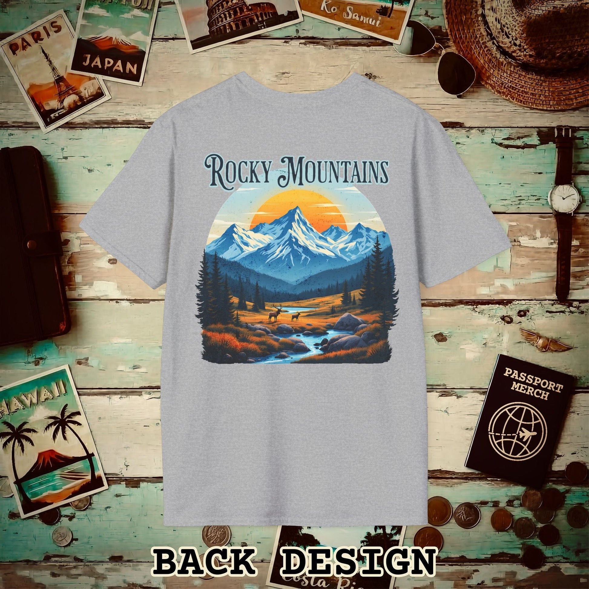 Rocky Mountains, Colorado, Back Print T-Shirt Sport Grey / S
