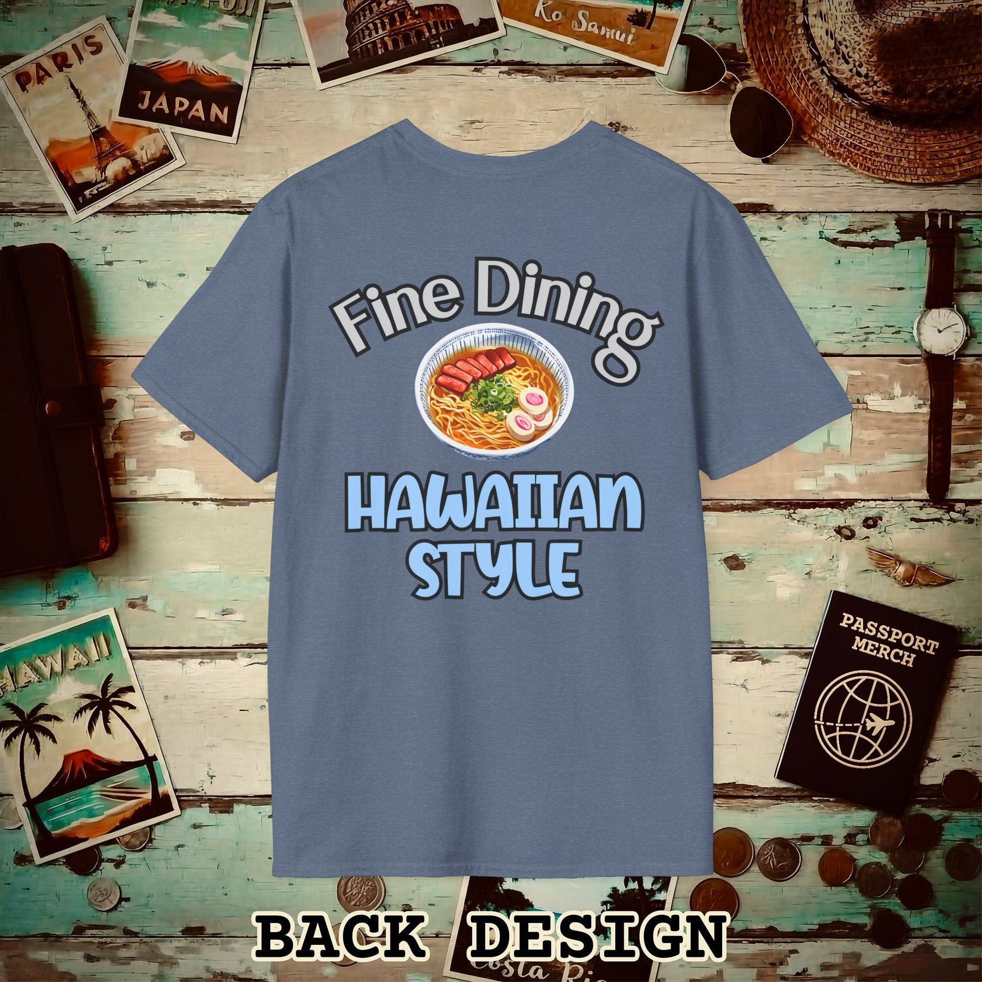 Saimin Fine Dining Hawaiian Style, Back Print T-Shirt Heather Indigo / S