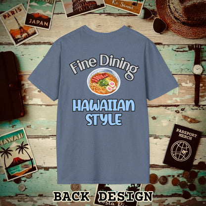 Saimin Fine Dining Hawaiian Style, Back Print T-Shirt Heather Indigo / S