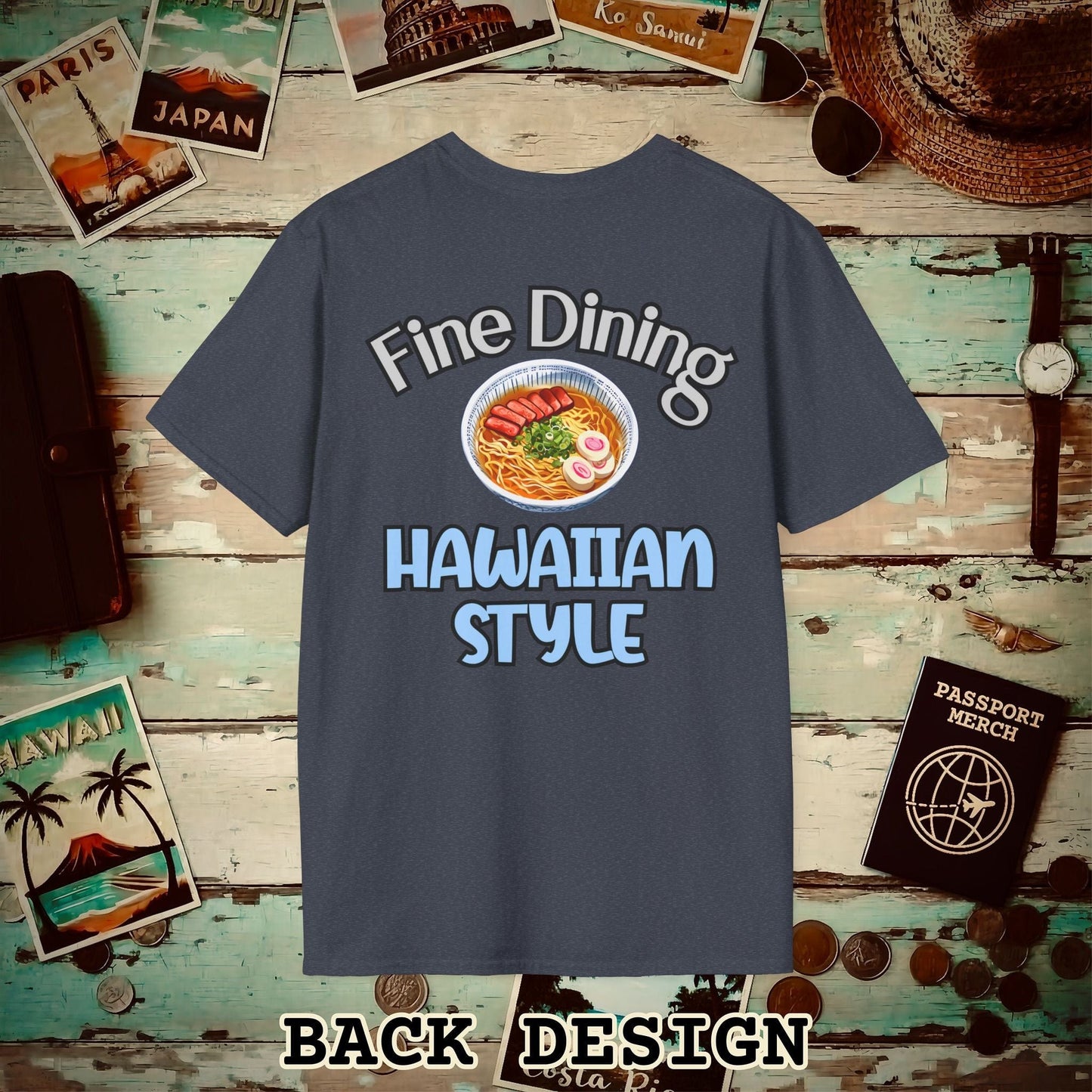 Saimin Fine Dining Hawaiian Style, Back Print T-Shirt Heather Navy / S