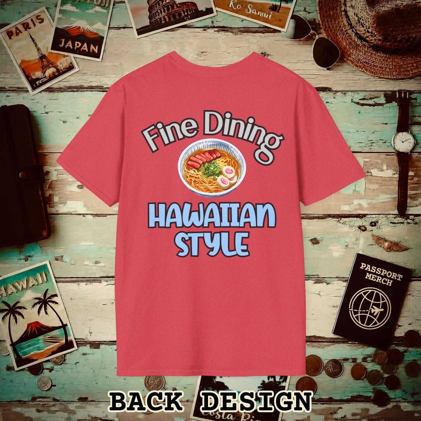 Saimin Fine Dining Hawaiian Style, Back Print T-Shirt Heather Red / S