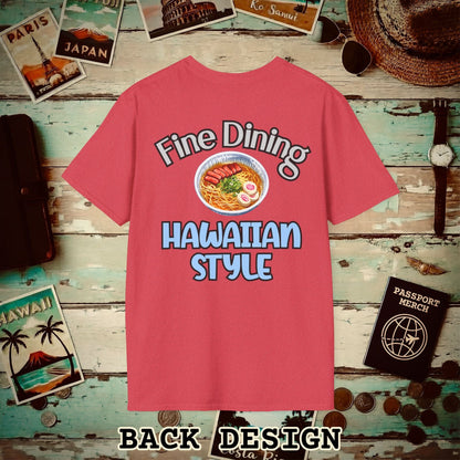 Saimin Fine Dining Hawaiian Style, Back Print T-Shirt Heather Red / S