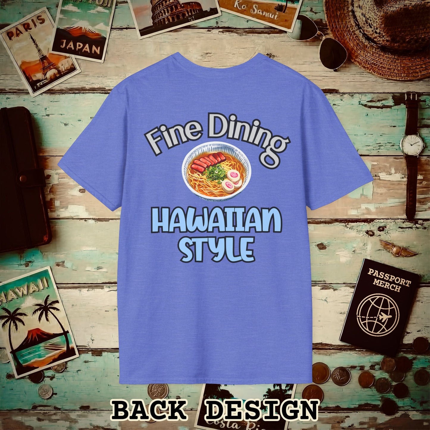 Saimin Fine Dining Hawaiian Style, Back Print T-Shirt Heather Royal / S