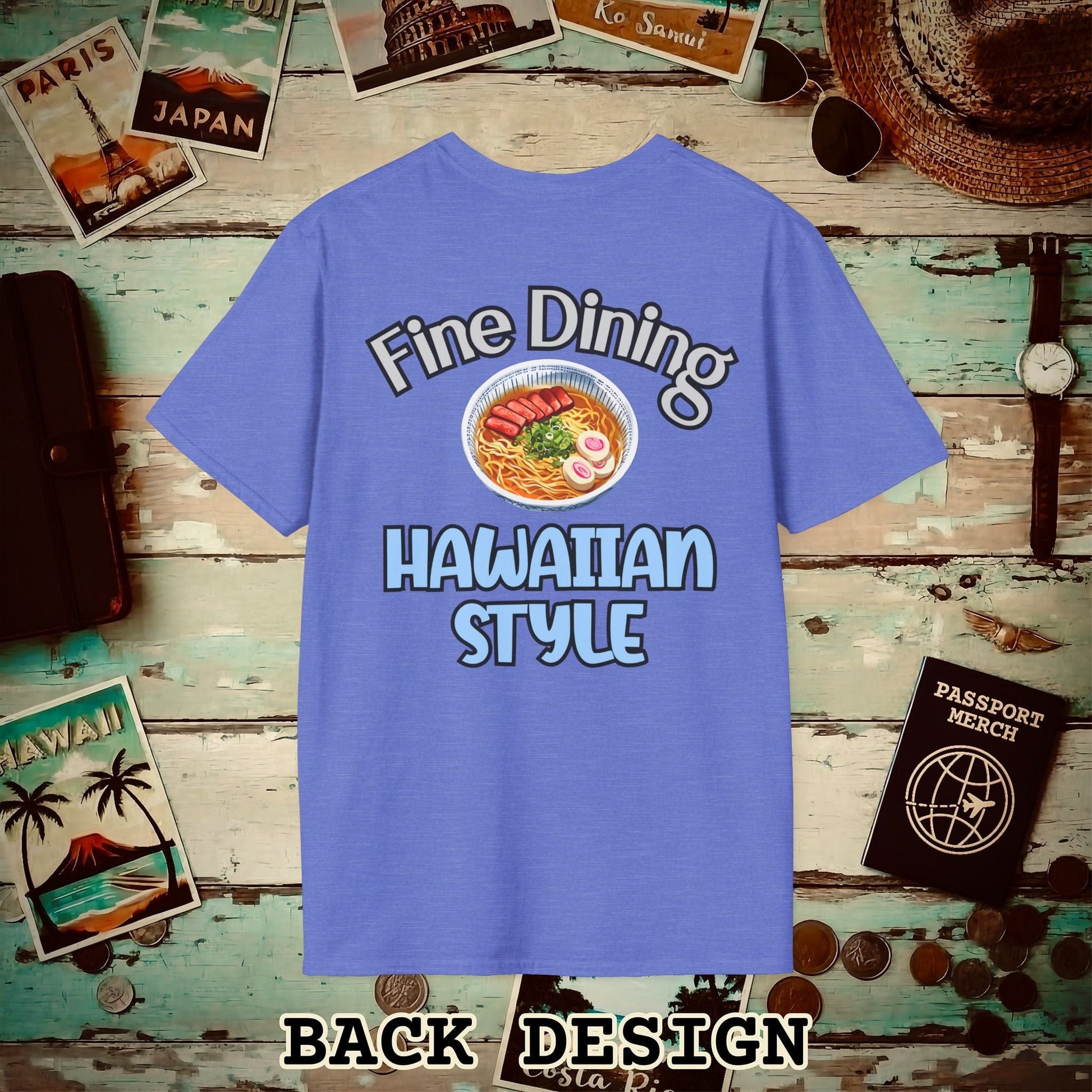 Saimin Fine Dining Hawaiian Style, Back Print T-Shirt Heather Royal / S