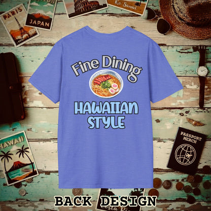 Saimin Fine Dining Hawaiian Style, Back Print T-Shirt Heather Royal / S