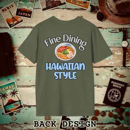 Saimin Fine Dining Hawaiian Style, Back Print T-Shirt Military Green / S