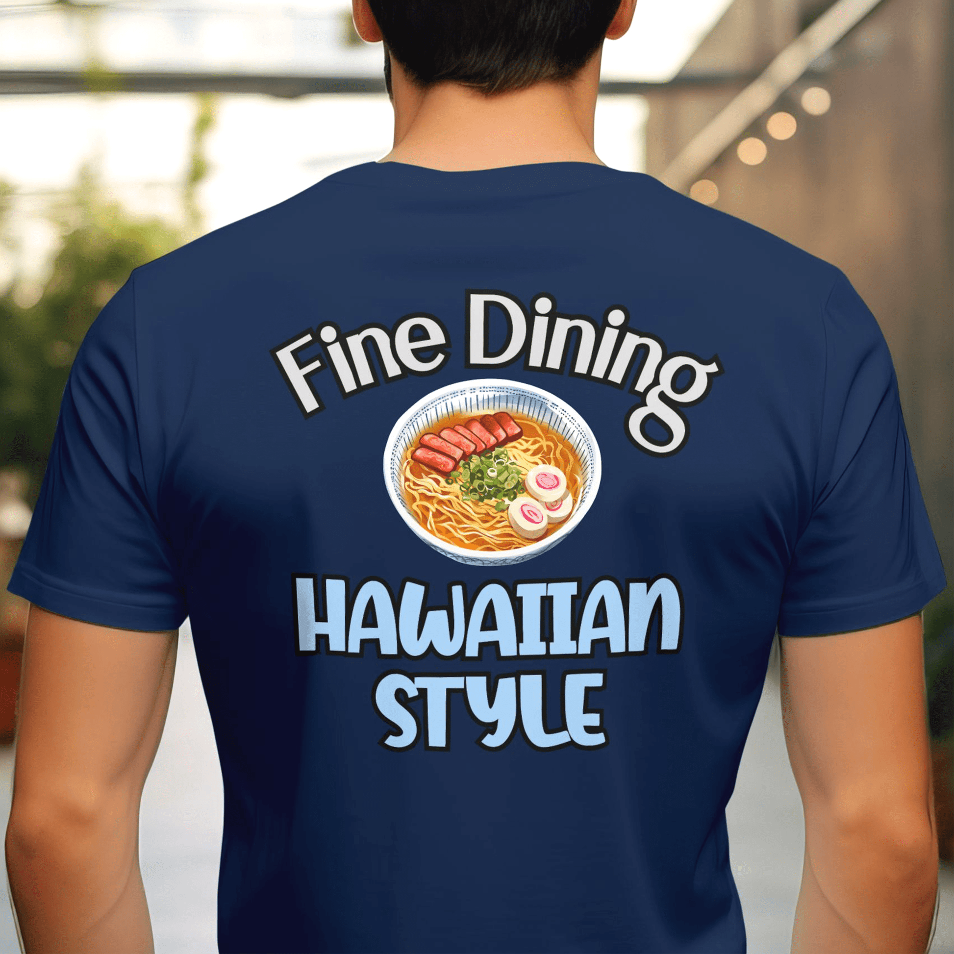 Saimin Fine Dining Hawaiian Style, Back Print T-Shirt Navy / S