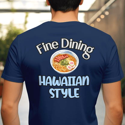Saimin Fine Dining Hawaiian Style, Back Print T-Shirt Navy / S